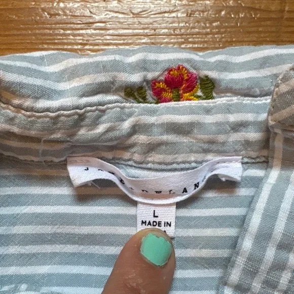 Jane + Delancey Button Down Women Blue Floral Striped Embroidered SIZE L - Picture 3 of 5